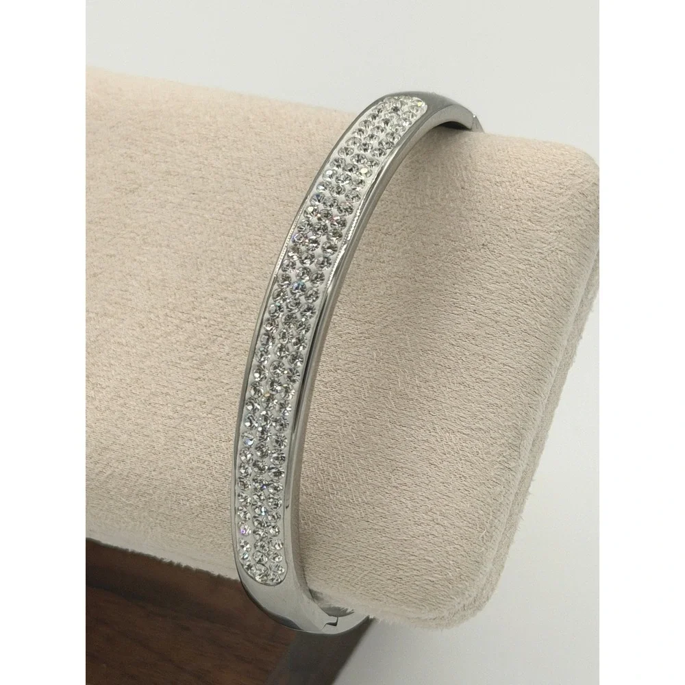 JCM Stainless Steel Hinged Bangle Bracelet Crystal Pave Silver Tone Old Money